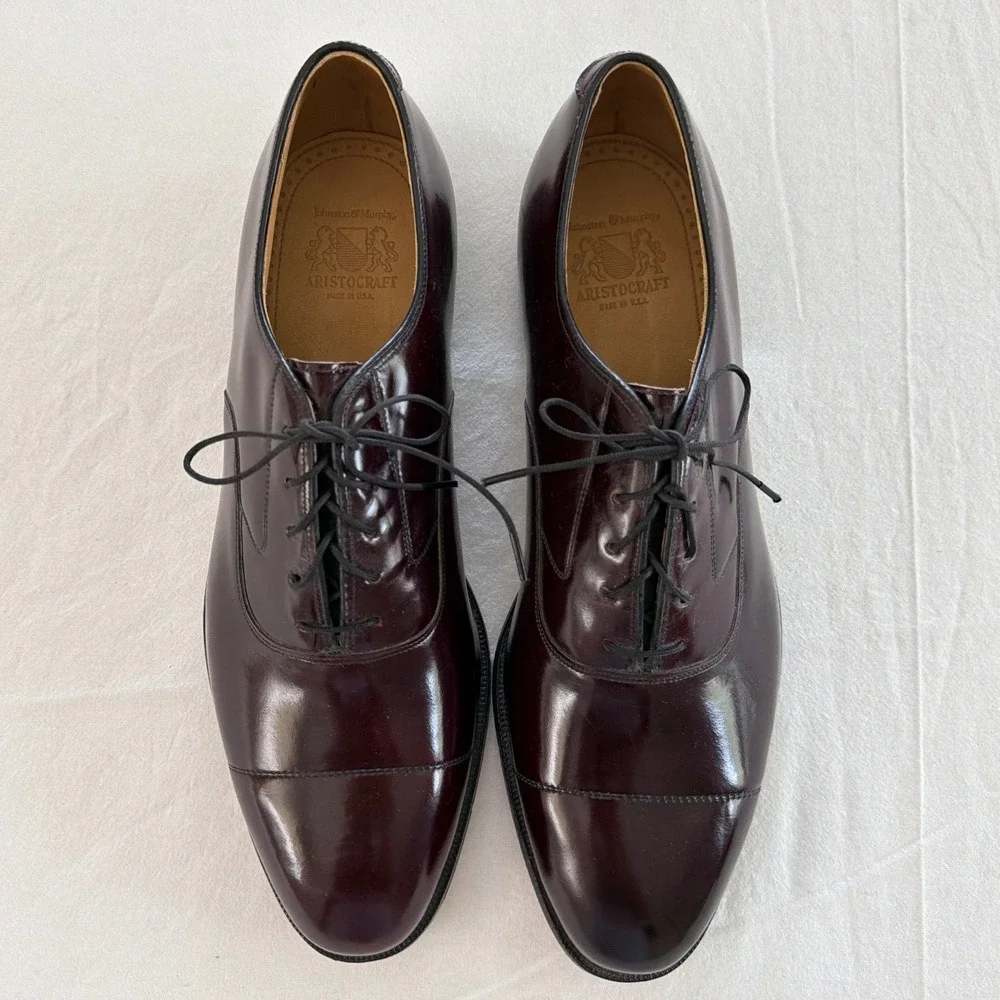Johnston & Murphy Aristocraft Mens 10 B Burgundy Leather Cap Toe Oxford USA 8637